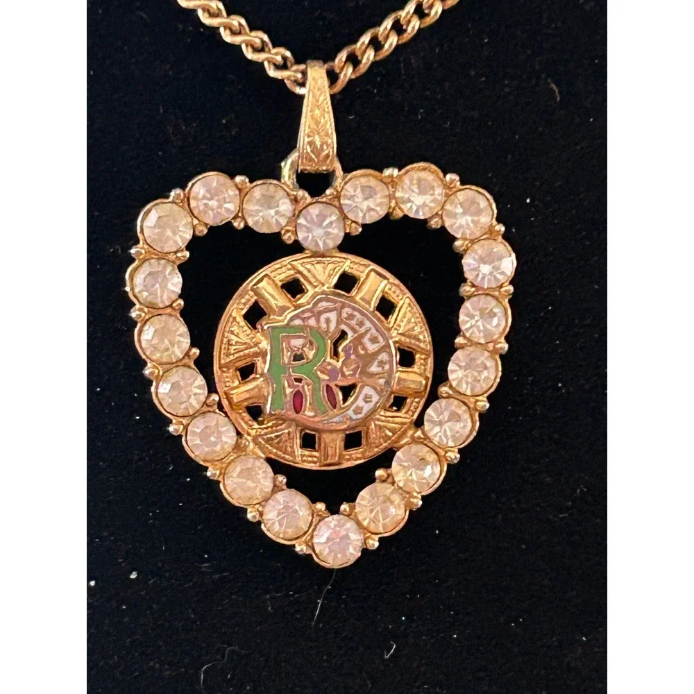 VTG‎ Gold Tone Rhinestone Daughter's of Rebekah Heart Pendant Necklace